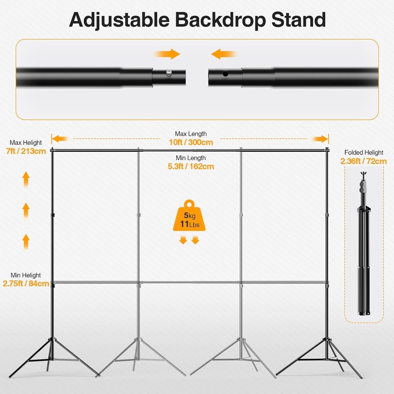 GLOSHOOTING Backdrop Stand, 10x7ft(WxH) Photo Background Stand Adjustable Support Kit with 2 Crossbars, 8 Backdrop Clamps, 2 Sandbags and Carrying Bag for Parties Photography Wedding Decoration - Image 2